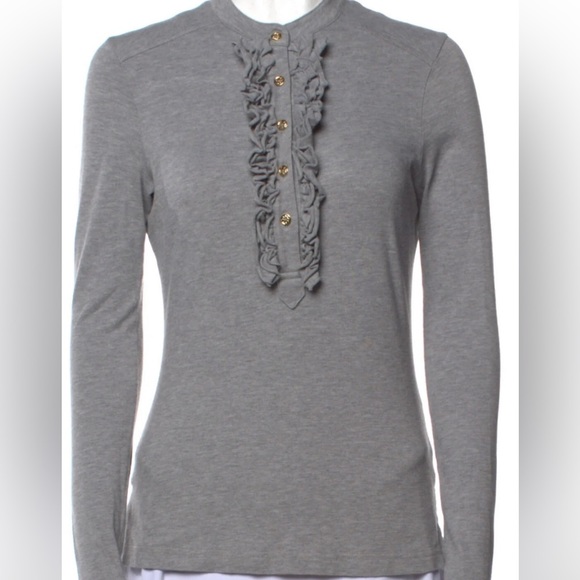 Tory Burch Tops - Tory Burch Size Extra Small Gray Ruffle Long Sleeve Henley Shirt: 4747
